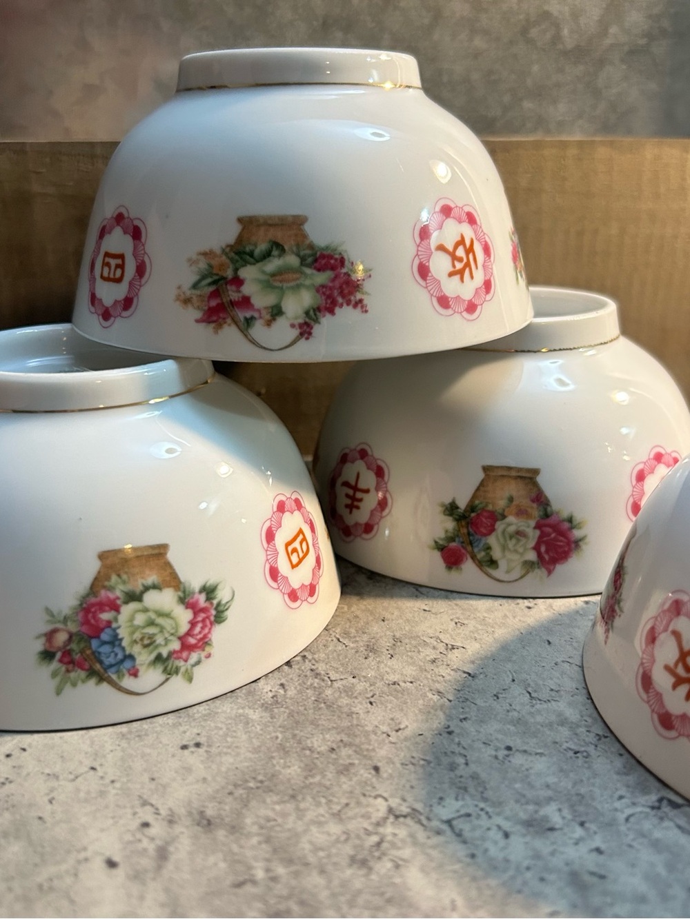Porcelain Floral Rice Bowls in White with Pink Accents